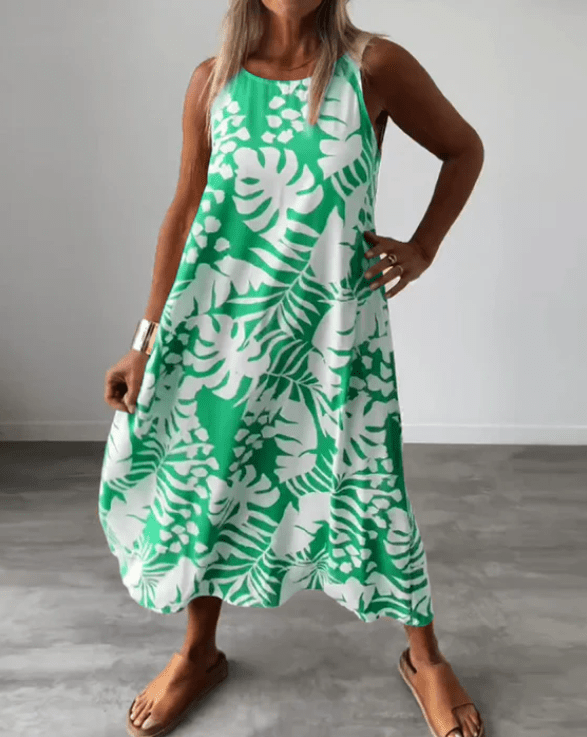 Anita - Ärmlös Sommarklänning med Tropiskt Bladmotiv - Véloria Studios