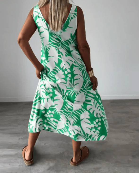 Anita - Ärmlös Sommarklänning med Tropiskt Bladmotiv - Véloria Studios