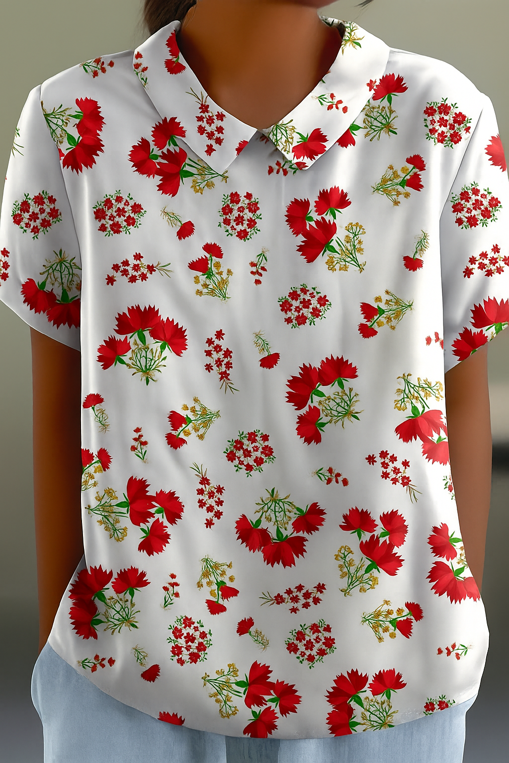 Betsey - Chic t-shirt med röda blommor och mjuk komfort