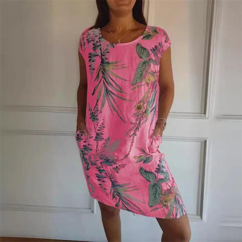 Elegant Botanical Print Side Double Pockets Dresses Women O Neck Short Sleeve Dress Summer Comfortable Cotton Linen Female Gown - Véloria Studios