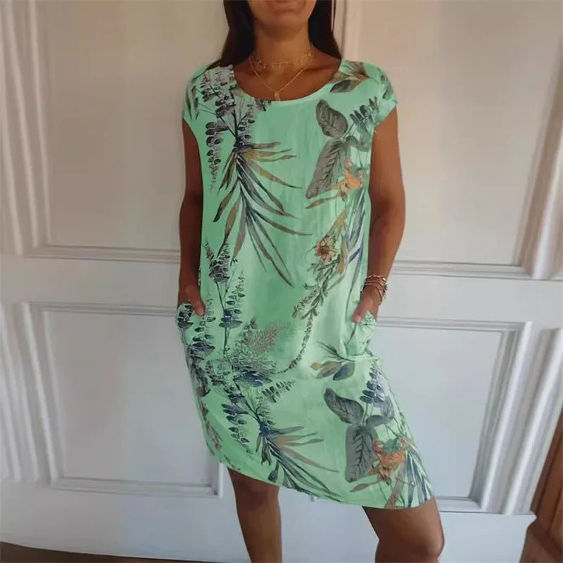 Elegant Botanical Print Side Double Pockets Dresses Women O Neck Short Sleeve Dress Summer Comfortable Cotton Linen Female Gown - Véloria Studios