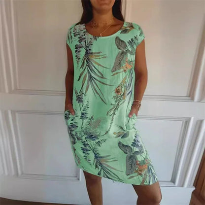 Elegant Botanical Print Side Double Pockets Dresses Women O Neck Short Sleeve Dress Summer Comfortable Cotton Linen Female Gown - Véloria Studios