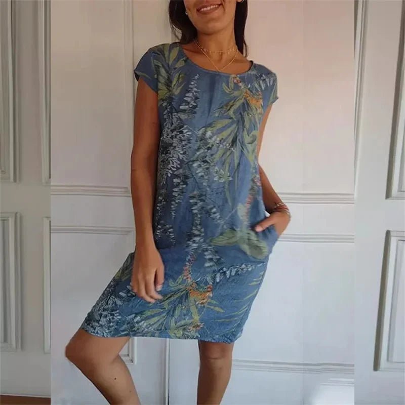 Elegant Botanical Print Side Double Pockets Dresses Women O Neck Short Sleeve Dress Summer Comfortable Cotton Linen Female Gown - Véloria Studios