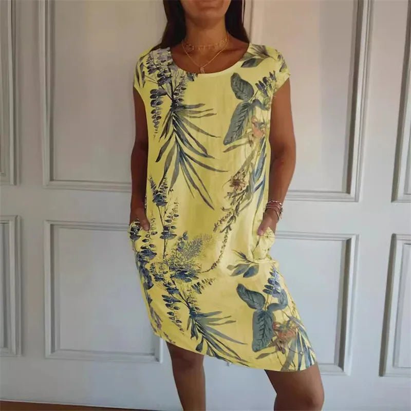 Elegant Botanical Print Side Double Pockets Dresses Women O Neck Short Sleeve Dress Summer Comfortable Cotton Linen Female Gown - Véloria Studios