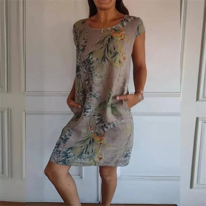 Elegant Botanical Print Side Double Pockets Dresses Women O Neck Short Sleeve Dress Summer Comfortable Cotton Linen Female Gown - Véloria Studios