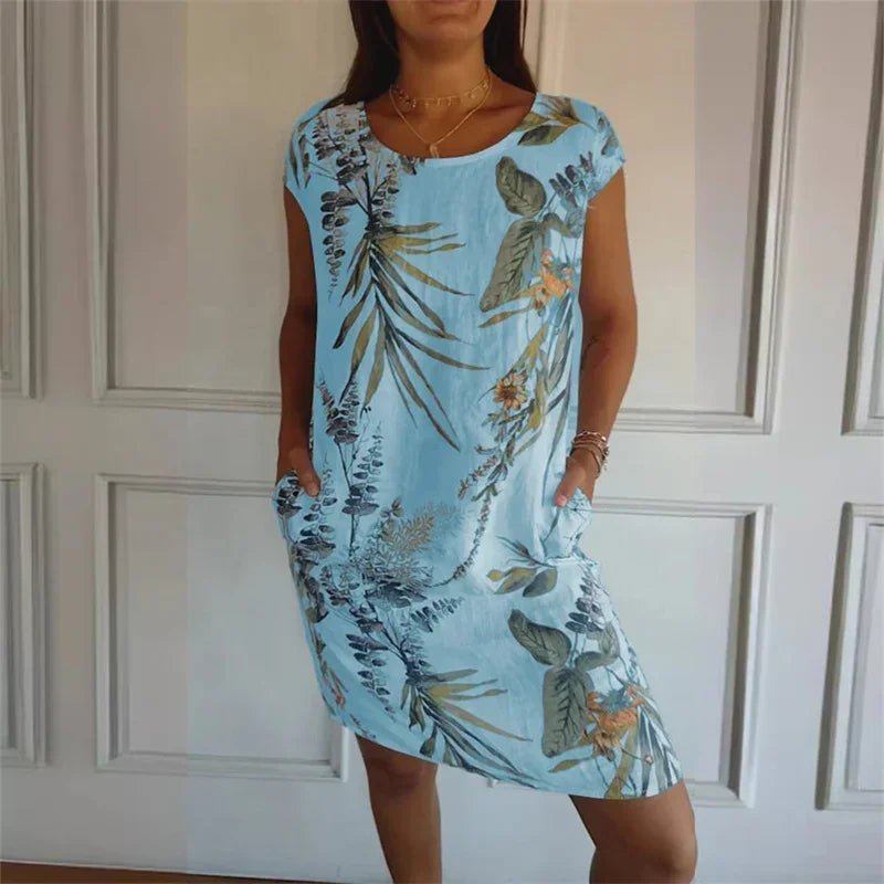 Elegant Botanical Print Side Double Pockets Dresses Women O Neck Short Sleeve Dress Summer Comfortable Cotton Linen Female Gown - Véloria Studios